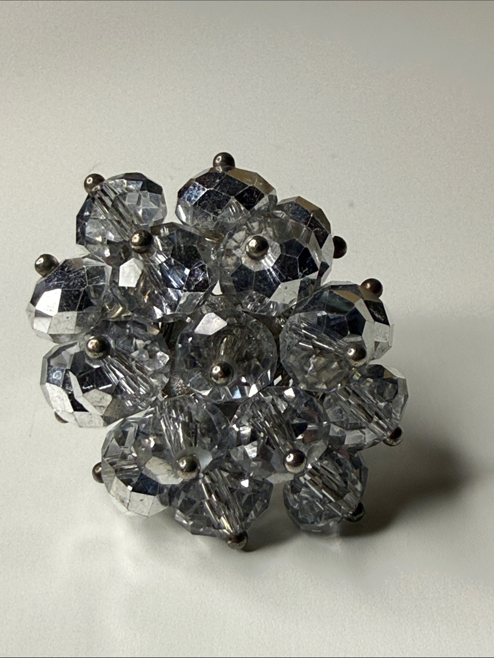 Vintage silvery Cluster Cocktail Ring - Clear Faceted Beads adjustable